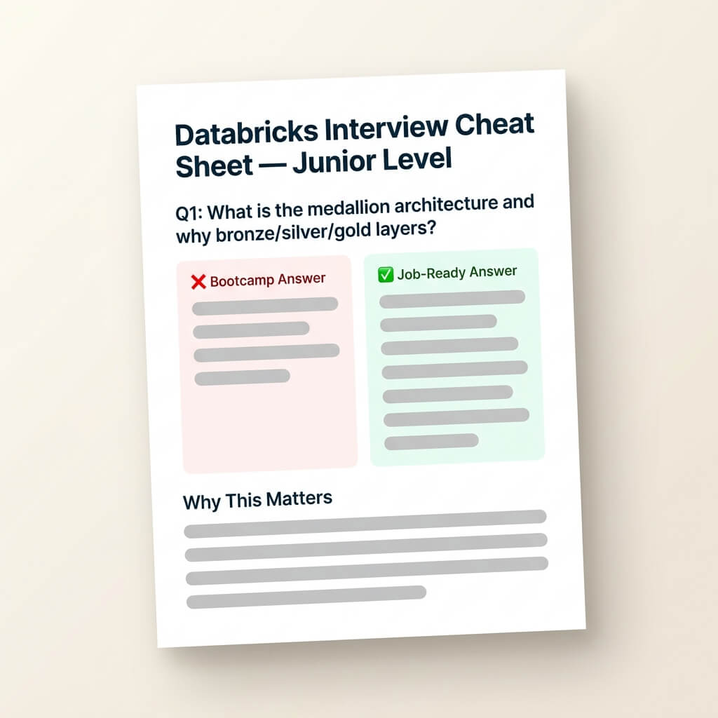 Cheat sheet preview showing junior vs senior answer contrast for a Delta Lake interview question